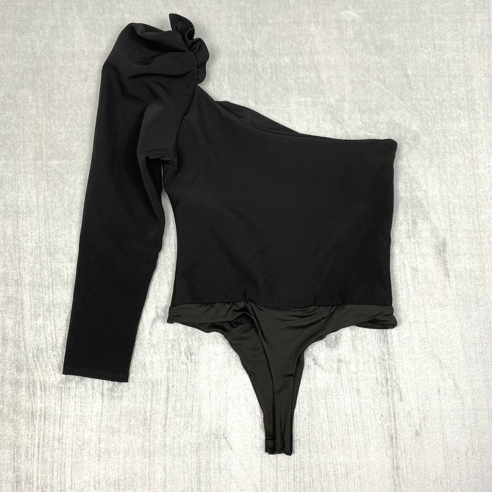 ASTR Womens Bodysuit M Black One Shoulder Ruffle Long Sleeve Ruffle Going Out
